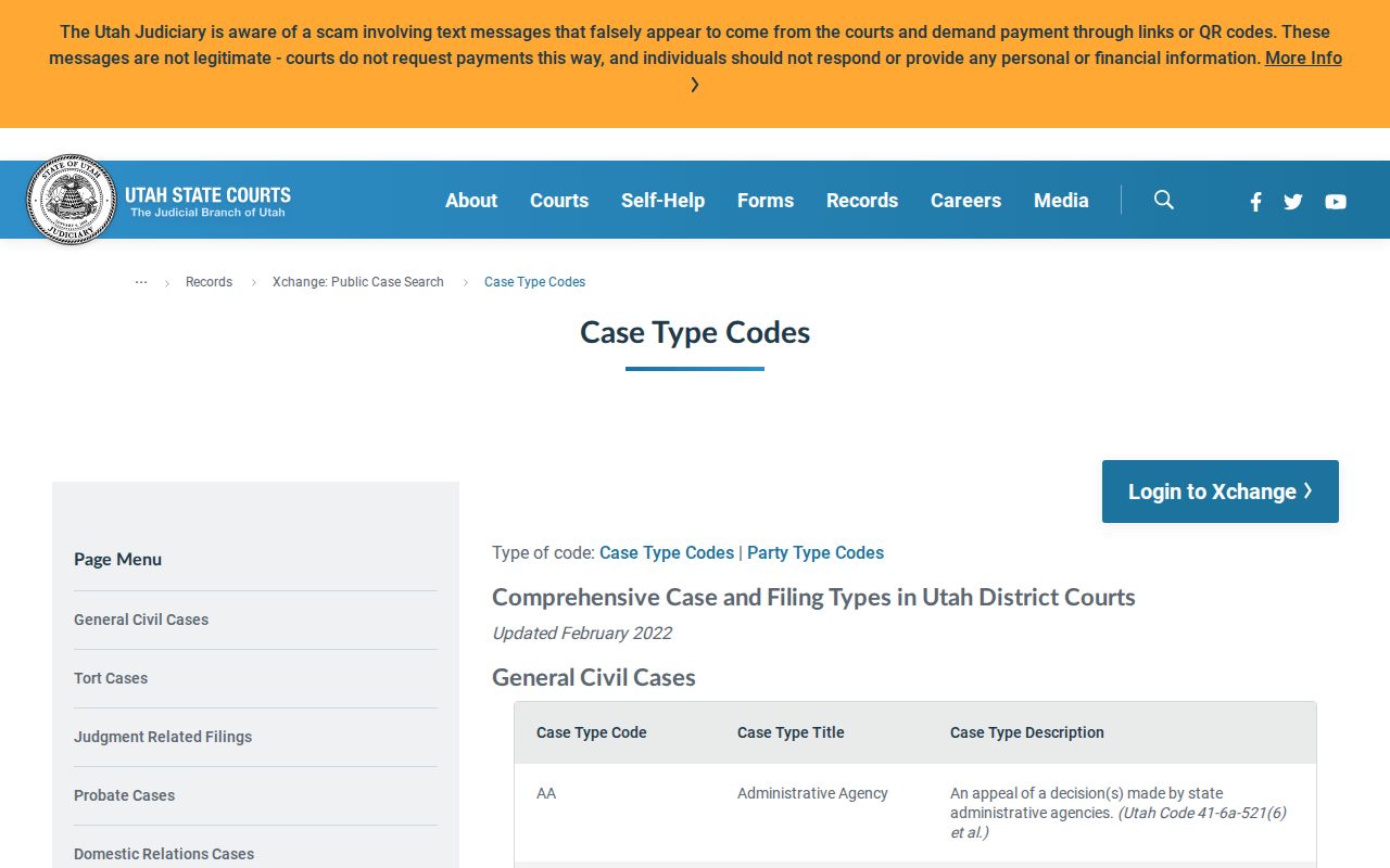 Cache County civil court docket case-type code list