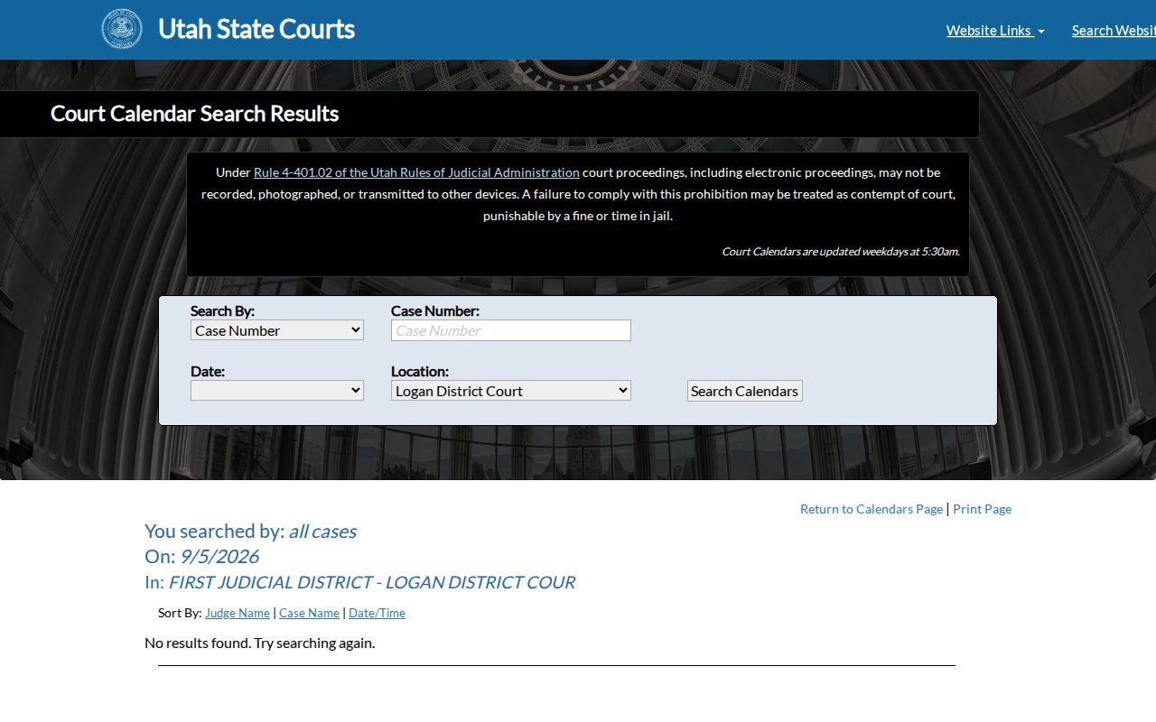 Cache County court schedule Logan calendar sample