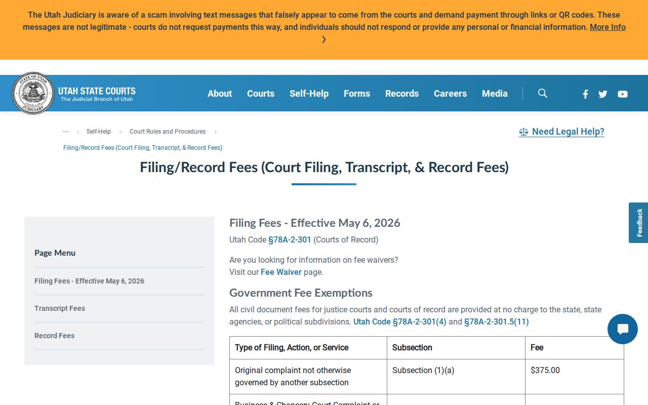 Cache County court case records copy and certification fees