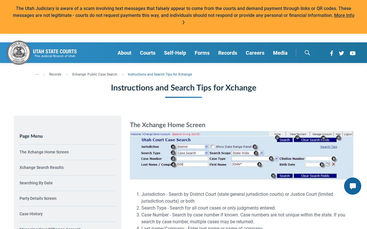 Cache County docket search fields in XChange
